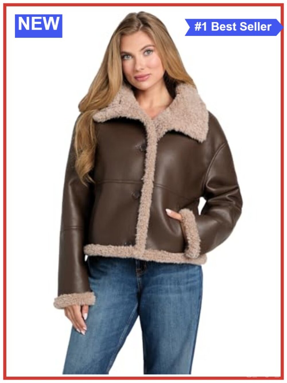 Faux Leather Faux Shearling Crop Jacket Funnel Neck Button Closure
